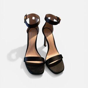 Stuart Weitzman Women's Nudist II Black Leather Ankle-Strap Sandals